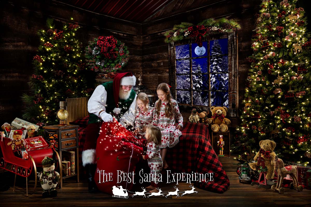 Three sisters, wearing their Christmas pajamas, take a sneak peek into Santa's Magic Toy Bag at The Best Santa Experience!