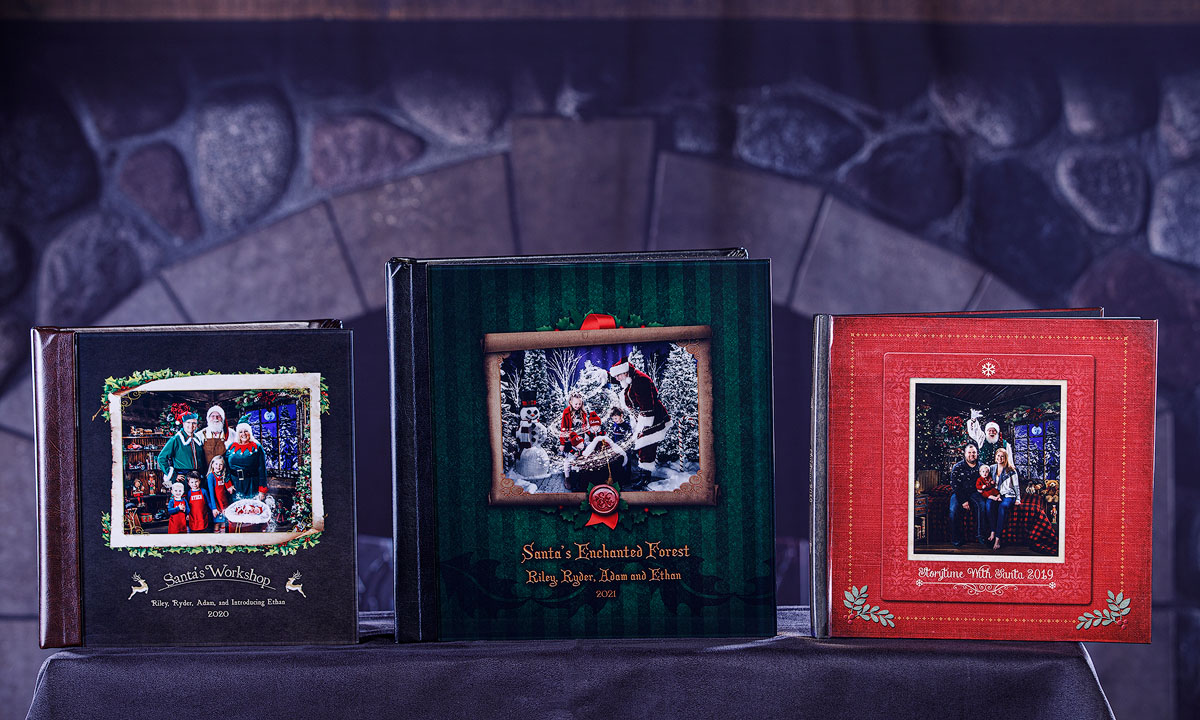Photo of the three cover sizes for the beautiful Heirloom Santa Storybooks offered at The Best Santa Experience in Mounds View, MN.
